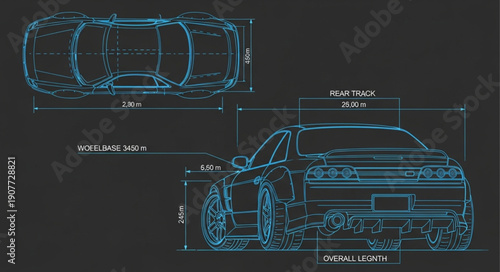 Car Blueprint Technical Drawing Design.