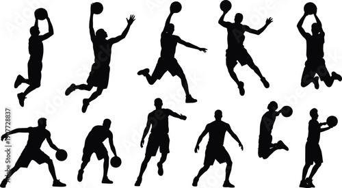 Basketball player silhouette set with jumping dunking dribbling poses, professional athlete action collection, sport activity illustration isolated on white background vector