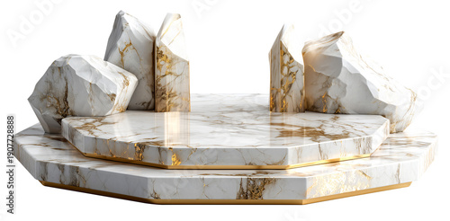 Marble podium gold geometric stone luxury minimal abstract pedestal display sculpture Elegant marble podium with gold accent and geometric stone, minimal abstract pedestal display, isolated