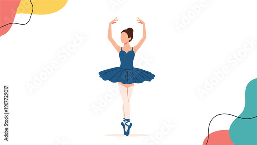 Elegant ballerina in a blue tutu performing a dance pose is captured in a modern and colorful flat illustration style.