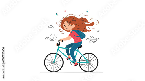Happy young girl with long flowing hair is riding her blue bicycle with a backpack in a fun and colorful illustration.