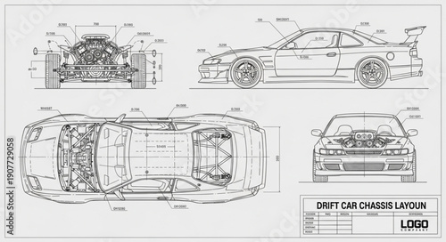 Car Blueprint Technical Drawing Design.