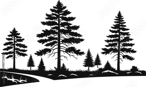 Forest landscape silhouette with pine trees, black nature scenery, woodland horizon illustration isolated on white background vector design