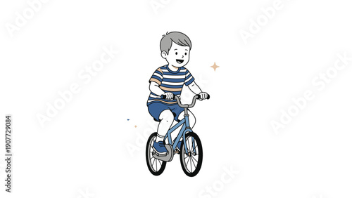 Young boy with grey hair wearing a striped shirt and blue shorts joyfully rides his bicycle across a clean white backdrop.