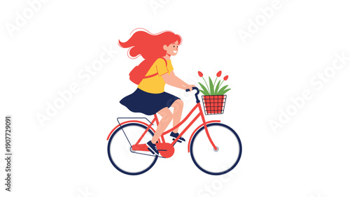 Young girl with flowing red hair rides a red bicycle featuring a front basket filled with beautiful red tulips on a white background.
