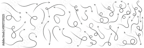 Vector set of hand-drawn charcoal gray curly arrows with thin lines and subtle texture, isolated on a white background, perfect for UI design or web elements.