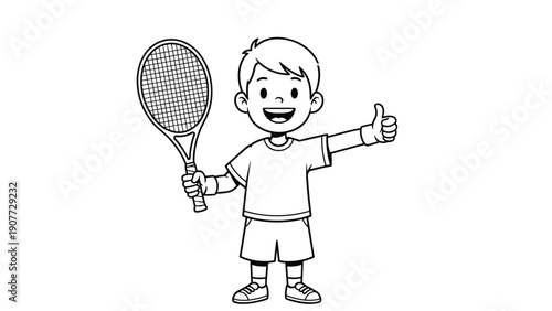 Cheerful boy holding a tennis racket while giving a confident thumbs up sign in this clean black and white line art illustration.