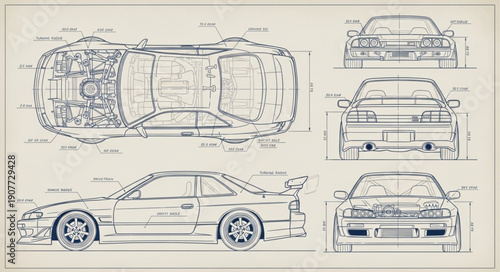 Car Blueprint Technical Drawing Design.