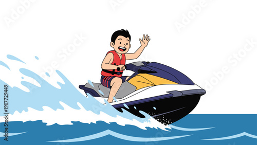 Energetic young boy wearing a life vest rides a blue and white jet ski through ocean waves while waving happily to the shore.