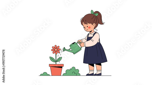 Sweet little girl with a ponytail using a green watering can to take care of a bright red flower in a terracotta pot.