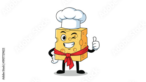 Fun cartoon illustration of a wedge of Swiss cheese wearing a chef hat and red neckerchief giving a confident thumbs up.