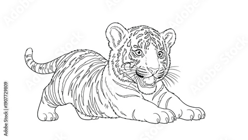 Charming black and white line art illustration of a cute tiger cub lying down and looking curious with its mouth slightly open.