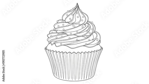 Detailed black and white line art illustration of a delicious cupcake with a high swirl of frosting and decorative sprinkles.