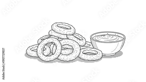 Detailed engraving style illustration of a crispy pile of golden onion rings served with a bowl of creamy dipping sauce.