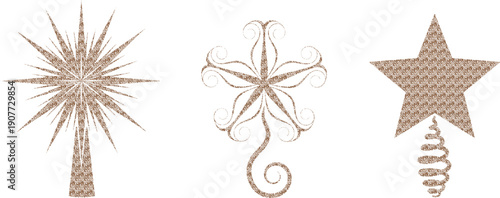 Glitter  star toppers set, gold decorative tree top ornaments, elegant festive holiday vector illustration isolated on white background design