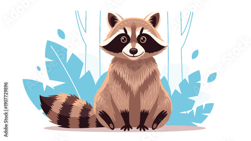 Adorable brown and black raccoon with its signature mask sitting calmly in front of stylized blue forest leaves.