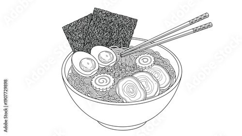 Exquisite engraving style illustration of a steaming bowl of ramen noodles with eggs, pork, nori, and chopsticks.