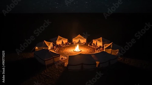 A warm and inviting desert luxury campsite is arranged in a circle with glowing tents surrounding a crackling bonfire under a dramatic starry night sky.