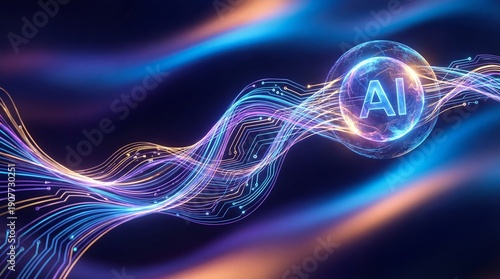 Artificial Intelligence Core with Luminous Data Streams: Abstract Digital Neural Network and Futuristic Technology Concept in Blue and Purple Hues