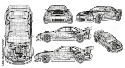 Car Blueprint Multiple Views Technical Drawing.