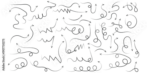 Hand-drawn vector doodle arrows set in charcoal gray, featuring various wavy, curly, and zigzag lines pointing in multiple directions, isolated on a transparent background.