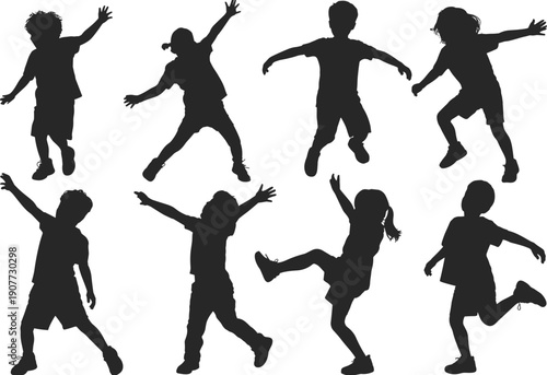 Children silhouette collection jumping playing poses, kids activity black silhouettes set, happy childhood movement vector illustration, playful children isolated graphic design elements