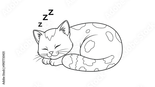 Charming line art illustration of a spotted kitten curled up and sleeping peacefully with dream symbols.