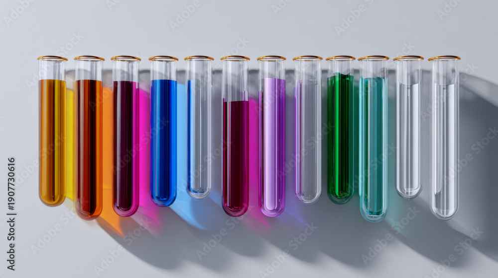 Fototapeta premium Colorful test tube row on white background, laboratory glassware, science concept, vibrant mood