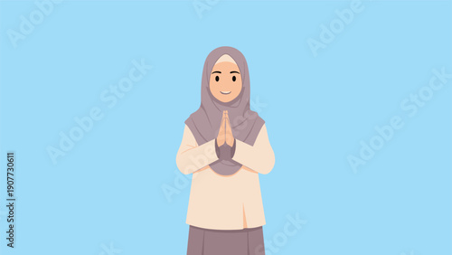 Friendly young muslim woman wearing a purple hijab and light clothes with her hands together in greeting.