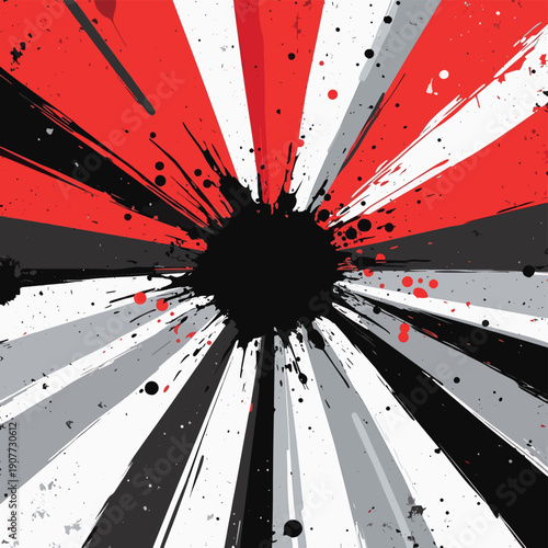 Dynamic abstract illustration featuring a central black splatter surrounded by dynamic red, gray, and white stripes , vector style simple color