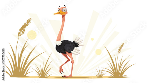 Funny cartoon ostrich standing in a grassy field with a curious expression against a sunburst background.