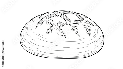 Hand drawn line art illustration of a rustic round loaf of bread with a scored cross pattern on top.