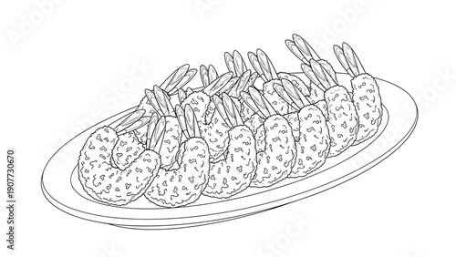 Detailed line art illustration of several crispy fried tempura shrimp served on an oval ceramic platter.