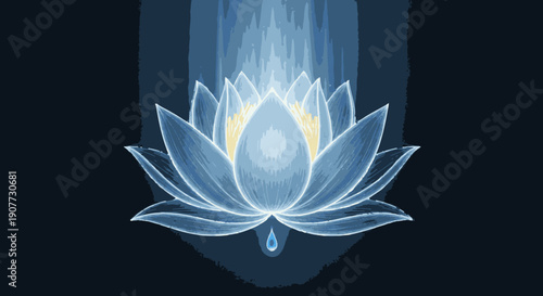 Stylized blue lotus flower with glowing petals and a gentle water drop, representing peace, enlightenment, and mindful meditation.