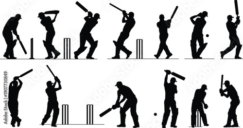 Cricket player silhouette set, batting and fielding poses collection, sport action illustration, isolated cricket athletes silhouettes, vector cricket game design elements pack