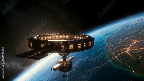 Futuristic orbital space station with glowing windows orbits the Earth at night.