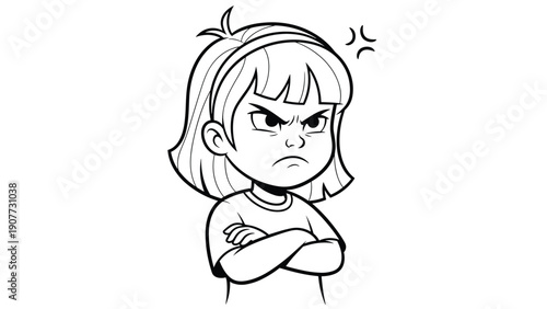Expressive line art illustration of a young girl with an angry face and her arms crossed showing frustration.