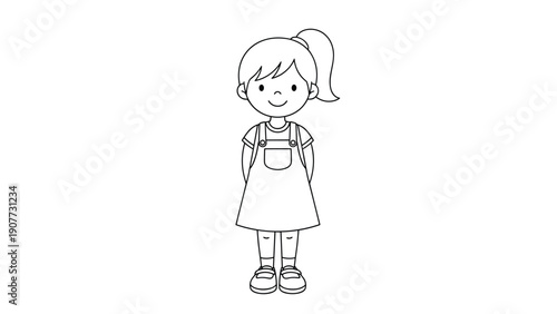 Full body line art illustration of a sweet young girl in a dress with a ponytail looking forward.