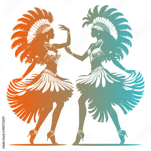 Two Carnival dancers in ornate feather headdresses and Rio showgirl costumes, design for Brazil Carnival posters, Las Vegas show advertisements and party invitation flyers. Transparent SVG version.