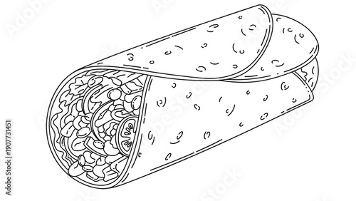 Detailed line art illustration of a fresh vegetable wrap filled with beans tomatoes lettuce and savory ingredients.