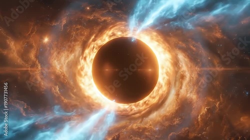 Cosmic spectacle of a dark celestial body with glowing energy and light beams against a nebula background.