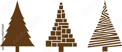 Minimal geometric  tree illustrations set, brown abstract pine icons, modern holiday vector design isolated on white background