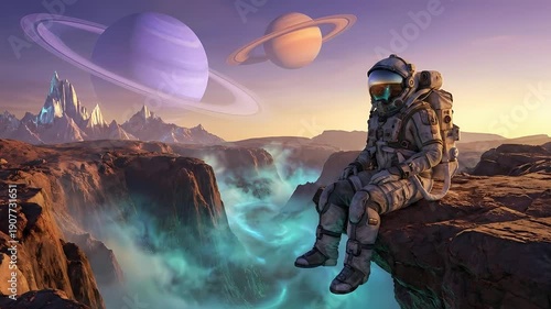 Astronaut contemplates a breathtaking alien landscape with glowing canyons and distant ringed planets.