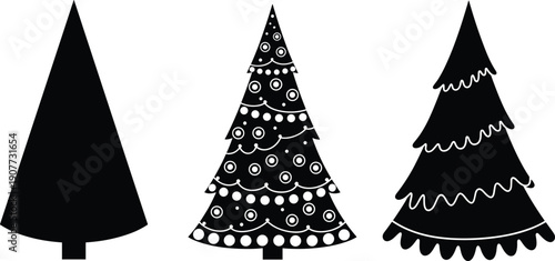 Minimal  tree silhouettes set, solid decorated and abstract pine icons, black festive holiday vector illustration isolated on white background