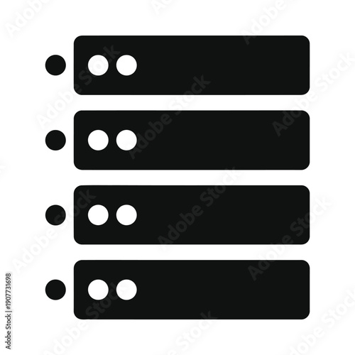 Black and white icon representing a list or database servers with bullet points and status indicators