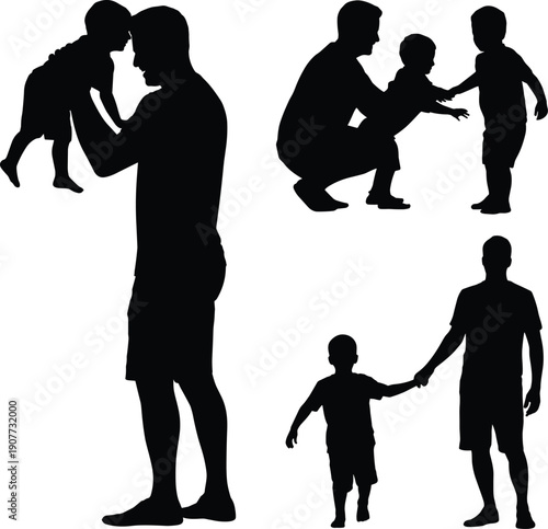 Father and son silhouettes collection, dad playing lifting and walking with child set, parenting family love concept isolated black vector illustration bundle