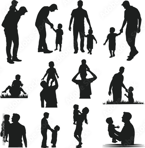 Father and child silhouettes collection, dad playing and walking with kids set, parenting family love concept isolated black vector illustration bundle pack