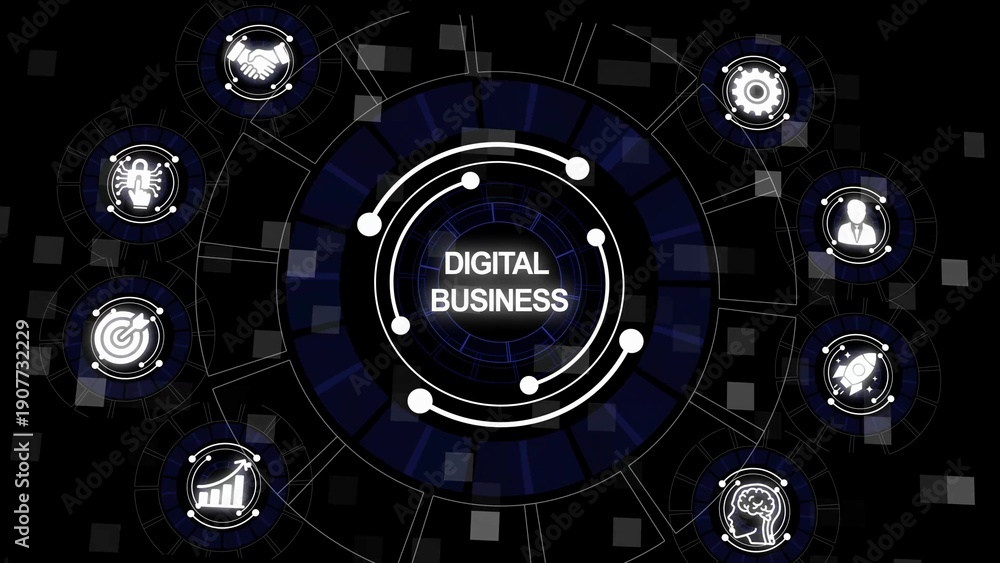 Fototapeta premium Digital Business Concept with Interconnected Icons and Data Flow on Dark Background technology network