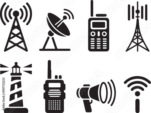 Communication and technology silhouette icon set. telecom and signal symbols