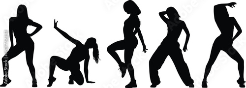 Female dancer silhouettes set showing women dancing hip hop freestyle poses isolated black figures motion energy vector illustration design